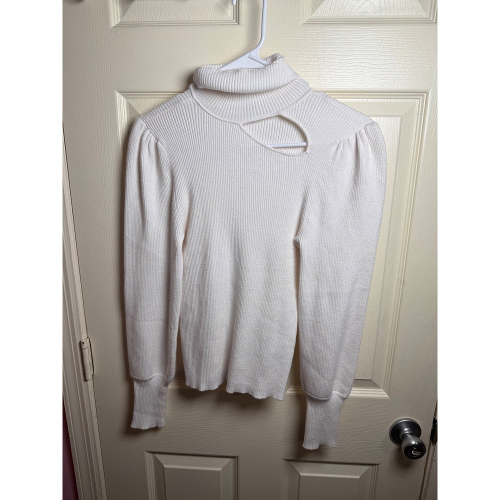 Bar III Womens White Ribbed Cutout Turtleneck Puff Sleeve Sweater Small